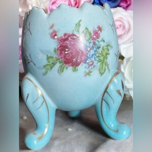 Vintage Napcoware Blue Hand-Painted Floral Three-Footed Cracked Egg Vase